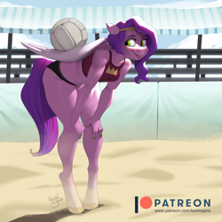 Size: 900x900 | Tagged: safe, artist:kevinsano, pipp petals, pegasus, anthro, unguligrade anthro, g5, balancing, beach, breasts, female, mare, patreon, patreon logo, reasonably sized breasts, solo, sports, tongue out, volleyball