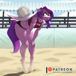 Size: 900x900 | Tagged: safe, artist:kevinsano, pipp petals, pegasus, anthro, unguligrade anthro, g5, balancing, beach, female, mare, patreon, patreon logo, solo, sports, tongue out, volleyball