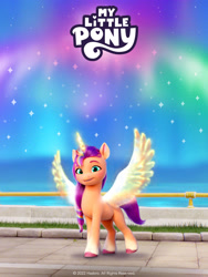 Size: 1536x2048 | Tagged: safe, sunny starscout, alicorn, pony, g5, my little pony: a new generation, my little pony: make your mark, official, artificial horn, artificial wings, augmented, female, mane stripe sunny, mare, my little pony logo, race swap, sunnycorn, wings