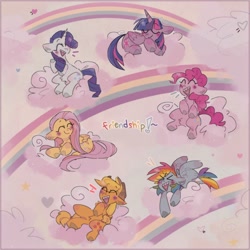 Size: 2048x2048 | Tagged: safe, artist:blairvonglitter, applejack, fluttershy, pinkie pie, rainbow dash, rarity, twilight sparkle, alicorn, earth pony, pegasus, pony, unicorn, g4, ><, ^^, cloud, emanata, exclamation point, eyes closed, friendship, heart, high res, horn, mane six, open mouth, open smile, rainbow, sharp teeth, smiling, stars, teeth, twilight sparkle (alicorn), wings