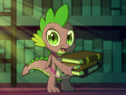 Size: 800x600 | Tagged: safe, artist:rangelost, spike, dragon, cyoa:d20 pony, g4, apron, book, bookshelf, clothes, cyoa, library, looking at you, offscreen character, pixel art, solo, story included, twilight's castle, twilight's castle library, winged spike, wings