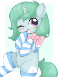 Size: 1551x2034 | Tagged: safe, artist:ginmaruxx, oc, oc only, pony, unicorn, blushing, clothes, commission, cute, female, horn, looking at you, mare, ocbetes, one eye closed, open mouth, open smile, simple background, smiling, smiling at you, socks, solo, stockings, striped socks, thigh highs, white background, wink, winking at you