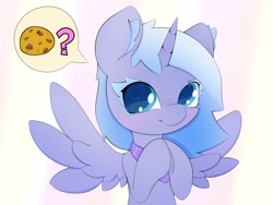 Size: 2048x1536 | Tagged: safe, artist:zokkili, princess luna, alicorn, pony, g4, colored eyelashes, cookie, cute, ear fluff, ethereal mane, female, filly, foal, food, horn, lunabetes, question mark, solo, sparkly eyes, speech bubble, wingding eyes, wings, woona, younger