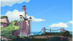 Size: 2300x1278 | Tagged: source needed, useless source url, safe, artist:finnbarr martin, boulder media, g5, official, cliff, cloud, concept art, elevator, lighthouse, maretime bay, my little pony logo, ocean, outdoors, scenery, scenery porn, sky, trail, water