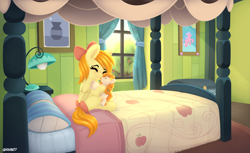 Size: 4000x2450 | Tagged: safe, artist:rivin177, pear butter, oc, oc:deliambre, pegasus, pony, g4, apple, apple tree, bed, bedroom, bow, carpet, chest, commission, curtains, daylight, eyes closed, female, filly, foal, hug, lamp, painting, picture, plushie, room, solo, sweet apple acres, tree, window