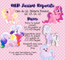 Size: 1080x1009 | Tagged: safe, artist:vernorexia, amazing grace, cha cha, lily lace, marble pie, pinkie pie (g3), rarity, rarity (g3), surprise, twilight sparkle, oc, oc:crystal doily, oc:pink lemonade, llama, pegasus, pony, unicorn, g1, g3, g4, g5, adoptable, advertisement, clothes, commission, commission info, deviantart, example, female, femboy, fusion, g5 concept leak style, g5 concept leaks, hair over eyes, info, information, llamacorn, male, mare, next generation, paypal, princess rarity, rarity (g5 concept leak), request, requests, stallion, suit
