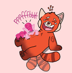 Size: 523x532 | Tagged: safe, artist:princessdestiny200i, pinkie pie, earth pony, pony, red panda, g4, belly, bellyrubs, crossover, crying, disney, exclamation point, eyes closed, female, laughing, mare, meilin lee, onomatopoeia, paw pads, pixar, raspberry, tail, tail wag, tears of laughter, tickling, tongue out, tummy buzz, turning red
