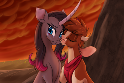 Size: 1800x1200 | Tagged: safe, artist:thescornfulreptilian, arizona (tfh), oleander (tfh), classical unicorn, cow, pony, unicorn, them's fightin' herds, ariander, cheek kiss, community related, crying, duo, eyes closed, female, horn, kissing, lesbian, makeup, running makeup, shipping, sunset
