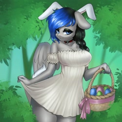Size: 960x960 | Tagged: safe, artist:yutakira92, oc, oc only, pegasus, anthro, basket, bedroom eyes, breasts, bunny ears, bunny tail, clothes, collar, cute, dress, easter egg, eyeshadow, female, floppy ears, looking at you, makeup, mare, minidress, smiling, solo, tail