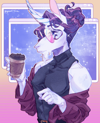 Size: 1500x1850 | Tagged: safe, artist:yuyusunshine, rarity, anthro, g4, clothes, coffee, curved horn, elusive, facial hair, goatee, horn, palindrome get, rule 63, shirt, solo, sunglasses