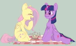 Size: 1200x736 | Tagged: safe, artist:melodylibris, fluttershy, twilight sparkle, alicorn, pegasus, pony, g4, cup, duo, eyes closed, female, food, green background, laughing, mare, open mouth, picnic, picnic blanket, signature, simple background, sitting, tea, tea party, teacup, teapot, twilight sparkle (alicorn)