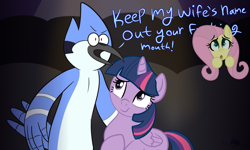 Size: 1000x600 | Tagged: safe, artist:queenbluestar, fluttershy, twilight sparkle, alicorn, bird, blue jay, pony, g4, censored, censored vulgarity, crossover, crossover shipping, female, male, meme, mordecai, mordetwi, regular show, shipping, straight, twilight sparkle (alicorn), will smith, will smith slapping chris rock