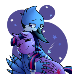 Size: 1026x1057 | Tagged: safe, artist:paperbagedhead, twilight sparkle, alicorn, pony, g4, crossover, crossover shipping, crying, female, holding, hug, male, mordecai, mordetwi, regular show, shipping, simple background, straight, tears of joy, transparent background, twilight sparkle (alicorn)