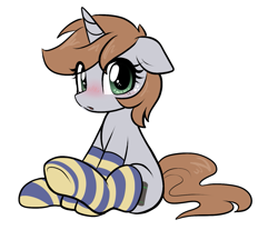 Size: 1021x846 | Tagged: safe, artist:moozua, oc, oc only, oc:littlepip, pony, unicorn, fallout equestria, :o, blushing, clothes, cute, eye clipping through hair, eyes open, female, floppy ears, freckles, full body, green eyes, horn, looking at you, mare, ocbetes, open mouth, simple background, sitting, socks, solo, striped socks, tail, unicorn oc, weapons-grade cute, white background