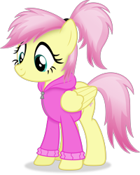 Size: 3760x4693 | Tagged: safe, artist:anime-equestria, fluttershy, pegasus, pony, g4, absurd resolution, alternate hairstyle, clothes, cute, female, folded wings, full body, hair tie, hoodie, mare, ponytail, shadow, shyabetes, simple background, smiling, solo, standing, tail, transparent background, two toned mane, vector, wings, zipper