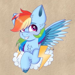 Size: 1922x1922 | Tagged: safe, artist:galaxy swirl, rainbow dash, pegasus, pony, g4, big ears, bust, chest fluff, ear fluff, female, grin, looking away, looking up, mare, smiling, solo, spread wings, textured background, three quarter view, unshorn fetlocks, wings