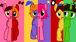 Size: 1201x666 | Tagged: safe, artist:winterthegamer, earth pony, pegasus, pony, unicorn, magical mystery cure, base used, colt, female, foal, frown, horn, kizclub, male, mare, pinkfong, raised hoof, sad, stallion, unamused, what my cutie mark is telling me, wings