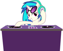 Size: 2738x2190 | Tagged: safe, artist:nsaiuvqart, dj pon-3, vinyl scratch, pony, unicorn, g4, female, glasses, gritted teeth, headphones, high res, lidded eyes, mare, simple background, smiling, solo, teeth, transparent background, turntable, vector