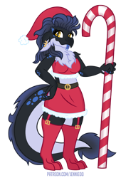 Size: 746x1100 | Tagged: safe, artist:jennieoo, oc, oc:kayda, dragon, anthro, breasts, candy, candy cane, christmas, christmas stocking, dragoness, female, food, garter belt, hat, holiday, lizard breasts, piercing, santa hat, show accurate, simple background, solo, tongue out, transparent background, vector