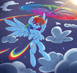 Size: 2160x2047 | Tagged: safe, artist:fajeh, rainbow dash, pegasus, semi-anthro, g4, arm hooves, cloud, crossed hooves, female, flying, high res, mare, night, smiling, solo, sonic rainboom, spread wings, stars, wings