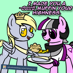 Size: 800x800 | Tagged: safe, artist:thedragenda, derpy hooves, oc, oc:ace, pony, ask-acepony, g4, cake, food
