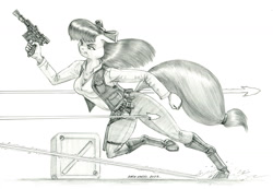 Size: 1500x1037 | Tagged: safe, artist:baron engel, apple bloom, earth pony, anthro, unguligrade anthro, g4, blaster, breasts, clothes, crossover, disney, female, mare, monochrome, older, older apple bloom, pants, pencil drawing, solo, star wars, story in the comments, story in the source, story included, traditional art, vest