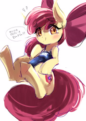 Size: 2231x3124 | Tagged: safe, artist:erufi, apple bloom, earth pony, pony, g4, adorabloom, blushing, clothes, cute, female, filly, foal, high res, japanese, looking at you, one-piece swimsuit, smiling, solo, speech bubble, swimsuit