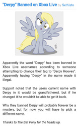 Size: 429x691 | Tagged: safe, derpy hooves, pegasus, pony, equestria daily, g4, 2019, banned, derpygate, female, mare, meta, sethisto, sitting, spread wings, text, username, wings, xbox, xbox live