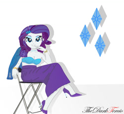 Size: 1024x940 | Tagged: safe, artist:thedarktercio, rarity, human, equestria girls, g4, adorasexy, beautiful, blue eyes, blue eyeshadow, bra, breasts, busty rarity, cleavage, clothes, crossed legs, cute, cutie mark, dress, eyelashes, eyeshadow, female, high heels, humanized, jacket, long skirt, looking at you, makeup, midriff, raribetes, sexy, shoes, sitting, skirt, smiling, smiling at you, solo, strapless bra, underwear, woman