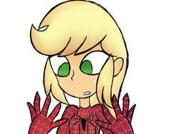Size: 2000x1500 | Tagged: safe, artist:alandisc, applejack, human, equestria girls, g4, bust, eyelashes, female, freckles, hand, hatless, looking down, male, marvel, missing accessory, simple background, solo, spider-man, spiderjack, surprised, white background