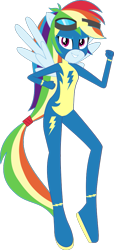 Size: 455x997 | Tagged: safe, artist:dupontsimon, rainbow dash, human, fanfic:magic show of friendship, equestria girls, g4, clothes, fanfic art, female, fist, flying, goggles, grin, looking at you, ponied up, simple background, smiling, smiling at you, solo, spread wings, transparent background, uniform, vector, wings, wonderbolts uniform