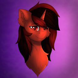 Size: 4800x4800 | Tagged: safe, artist:flapstune, oc, oc only, oc:flaps tune, pony, unicorn, absurd resolution, bust, chest fluff, ear fluff, eye clipping through hair, eyebrows, eyebrows visible through hair, female, gradient background, horn, looking at you, mare, red eyes, smiling, smiling at you, solo, unicorn oc
