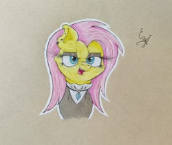 Size: 1999x1684 | Tagged: safe, artist:engi, fluttershy, pegasus, pony, g4, bust, clothes, colored pencil drawing, ear piercing, eyeshadow, female, fluttergoth, frown, goth, jewelry, looking at you, makeup, mare, necklace, open mouth, outline, photo, piercing, signature, simple background, solo, traditional art, white outline