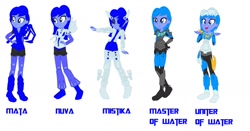Size: 1456x764 | Tagged: safe, artist:robertsonskywa1, equestria girls, alternate clothes, alternate design, alternate hair color, armor, axe, bionicle, clothes, equestria girls-ified, evolution, eyepatch, eyes closed, gali, hand on hip, hook, lego, open mouth, outfit, photo, shoulder pads, shrug, solo, suit, text, weapon