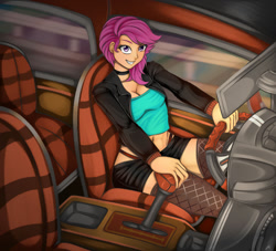 Size: 1280x1163 | Tagged: safe, artist:jennobasilicum, scootaloo, equestria girls, alternate hairstyle, belly button, car, choker, clothes, commission, driving, female, fishnets, grin, jacket, leather jacket, older, older scootaloo, panties, short shirt, shorts, smiling, solo, thong, underwear