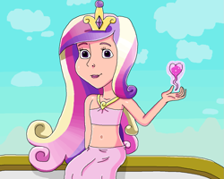 Size: 1297x1038 | Tagged: safe, artist:ocean lover, princess cadance, human, balcony, bare shoulders, beautiful, belly button, clothes, cloud, crown, crystal empire, cute, cutedance, disney style, dress, girly girl, gown, gradient hair, hand, heart, human coloration, humanized, jewelry, looking at you, lovely, magic, midriff, multicolored hair, outdoors, pretty, princess of love, regalia, shadow, shiny skin, sitting, sky, smiling, smiling at you, sparkles