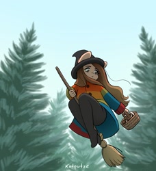 Size: 1869x2048 | Tagged: safe, artist:katputze, oc, oc only, oc:pennie, earth pony, anthro, plantigrade anthro, basket, broom, clothes, coat, female, flying, flying broomstick, forest, hat, low angle, mare, mushroom, solo, witch, witch hat
