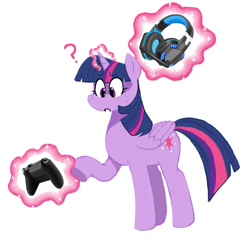 Size: 1776x1704 | Tagged: safe, artist:calliecreampuff, twilight sparkle, alicorn, colored, controller, curious, folded wings, gaming, gaming headset, headset, lineless, magic, magic aura, ms paint, question mark, telekinesis, twilight sparkle (alicorn), wings