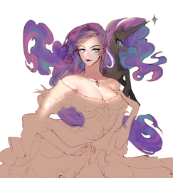 Size: 2000x2061 | Tagged: safe, artist:pigeon666, diamond tiara, nightmare rarity, rarity, human, pony, unicorn, blue eyes, breasts, cleavage, closed mouth, clothes, dress, female, females only, humanized, jewelry, lipstick, long hair, long mane, long tail, looking at you, makeup, necklace, purple lipstick, ring, smiling, tail, tiara