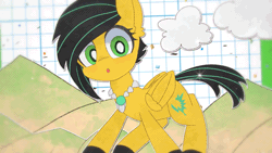 Size: 1280x720 | Tagged: safe, artist:lexiedraw, oc, oc only, oc:lightning bug, pegasus, fanfic:song of seven, 2d, animated, black mane, commission, gem, green eyes, loop, meta, mountain, mountain range, pegasus oc, short tail, shy, shy gal, shy smile, smiling, tail, twitter, twitter link, two toned mane, yellow coat