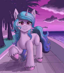 Size: 1400x1600 | Tagged: safe, artist:zachc, izzy moonbow, pony, unicorn, g5, cloud, female, looking at you, mare, raised hoof, signature, smiling, solo