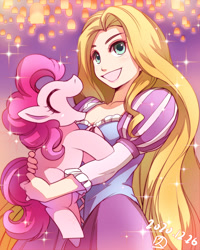 Size: 1000x1250 | Tagged: safe, artist:hisahiko, pinkie pie, earth pony, human, pony, blonde hair, breasts, carrying, clothes, collarbone, crossover, dated, disney, disney princess, dress, eyes closed, female, frilly dress, green eyes, happy, holding a pony, hug, laughing, long hair, long sleeves, rapunzel, reasonably sized breasts, smiling