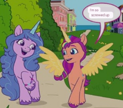 Size: 348x306 | Tagged: safe, izzy moonbow, sunny starscout, alicorn, pony, unicorn, g5, my little pony: a new generation, duo, funny, funny as hell, google image lens, lmfao, needs more jpeg, race swap, sunnycorn, translation