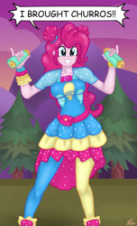 Size: 1280x2102 | Tagged: safe, artist:lennondash, pinkie pie, human, equestria girls, equestria girls series, g4, sunset's backstage pass!, spoiler:eqg series (season 2), breasts, busty pinkie pie, churros, clothes, cute, diapinkes, dress, female, food, geode of sugar bombs, grin, magical geodes, music festival outfit, smiling, solo, speech bubble, sunset, tree