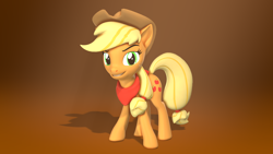 Size: 3840x2160 | Tagged: safe, artist:cutthroadstreak, applejack, earth pony, pony, g4, 3d, brown background, female, high res, looking at you, neckerchief, revamped ponies, simple background, smiling, solo, source filmmaker