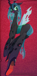 Size: 626x1280 | Tagged: safe, artist:moyamoya kuroi, queen chrysalis, changeling, g4, blue hair, clothes, crossed hooves, crown, eyeshadow, fangs, female, full body, green eyes, green eyeshadow, happy, high heels, horn, insect wings, jewelry, looking at you, makeup, open mouth, open smile, regalia, shoes, side view, smiling, smiling at you, solo, spread wings, torn wings, wings, zipper