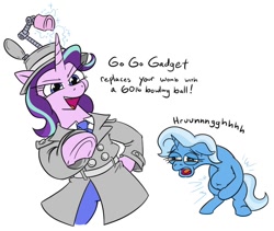 Size: 930x785 | Tagged: safe, artist:jargon scott, starlight glimmer, trixie, pony, unicorn, g4, belly button, bipedal, clothes, context is for the weak, cosplay, costume, duo, duo female, faic, female, hat, inspector gadget, jeremy (smiling friends), mare, oneyplays, simple background, smiling friends, this ended in pain, this will end in the splits, trenchcoat, underhoof, wat, white background