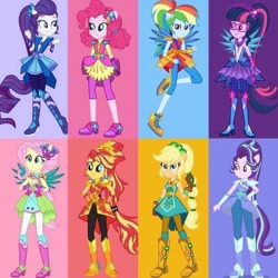Size: 1186x1186 | Tagged: safe, applejack, fluttershy, pinkie pie, rainbow dash, rarity, sci-twi, starlight glimmer, sunset shimmer, twilight sparkle, human, equestria girls, g4, boots, cowboy boots, crystal guardian, female, grin, high heel boots, humane five, humane seven, humane six, shoes, smiling