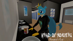 Size: 1280x720 | Tagged: safe, artist:ponygamer2020, artist:ponygamersfm, gallus, griffon, anthro, 3d, afraid of monsters, bathroom, clothes, crossover, david leatherhoff, folded wings, frown, gallus leatherhoff, hoodie, male, nexgen, outfit, painkillers, pills, sad, shirt, solo, source filmmaker, t-shirt, tail, this will end in death, this will end in tears, this will end in tears and/or death, title, wings