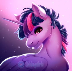 Size: 800x794 | Tagged: safe, artist:cabbage-arts, twilight sparkle, alicorn, pony, abstract background, dusk shine, folded wings, gradient background, looking at you, male, prince dusk, rule 63, smiling, solo, stallion, twilight sparkle (alicorn), wings